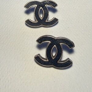 CHANEL Navy/black Silver Logo Stud Earrings